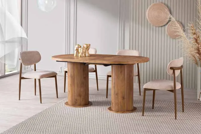 Bohem Açılır Masa 90x160 Antik Çam MDF – Liza Sandalyeli Takım