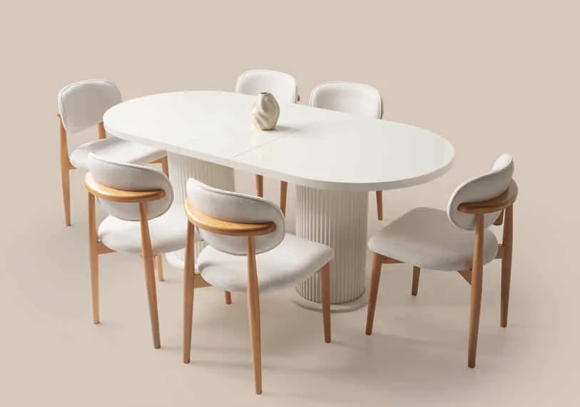 Bohem Açılır Masa 90x160 Ekru Highgloss – Liza Sandalyeli Takım