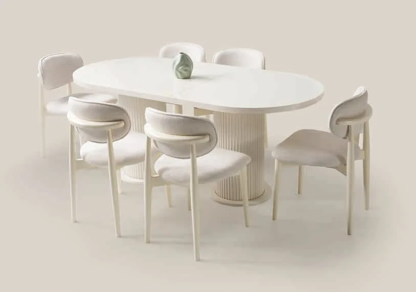 Bohem Açılır Masa 90x160 Ekru Highgloss – Liza Sandalyeli Takım