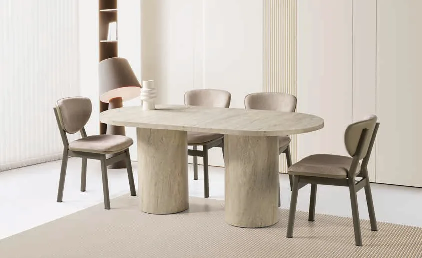 Bohem Açılır Masa 90x160 Traverten MDF – Lion Sandalyeli Takım