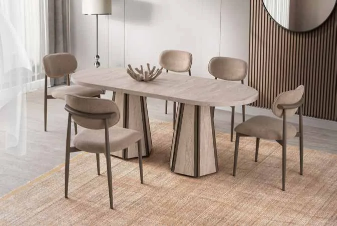 Bohem Açılır Masa 90x160 Traverten MDF – Liza Sandalyeli Takım