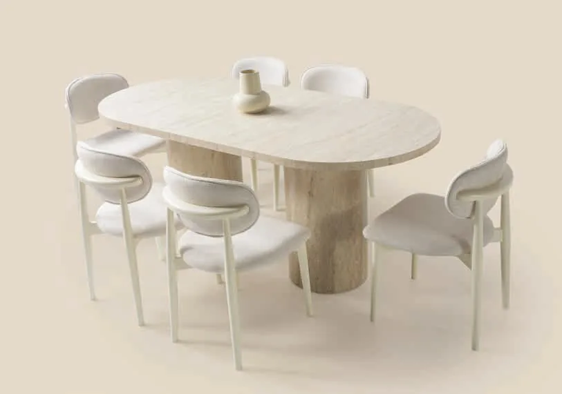 Bohem Açılır Masa 90x160 Traverten MDF – Liza Sandalyeli Takım