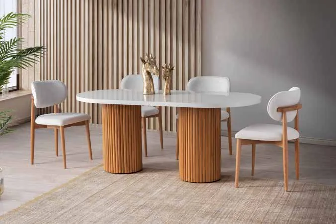 Bohem Sabit Masa 90x180 Beyaz Highgloss – Liza Sandalyeli Takım
