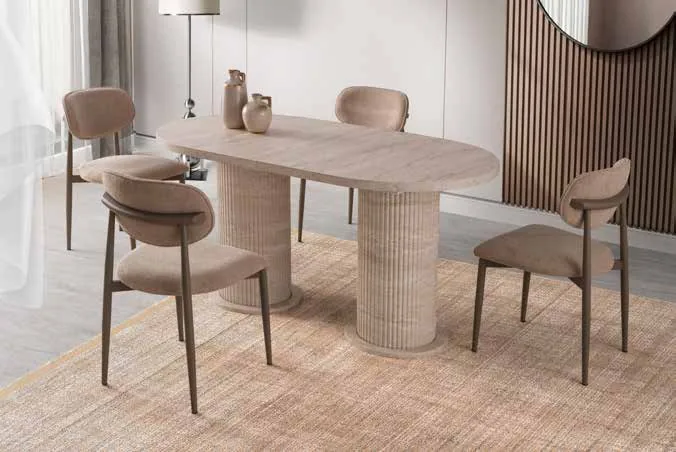 Bohem Sabit Masa 90x180 Traverten MDF – Liza Sandalyeli Takım