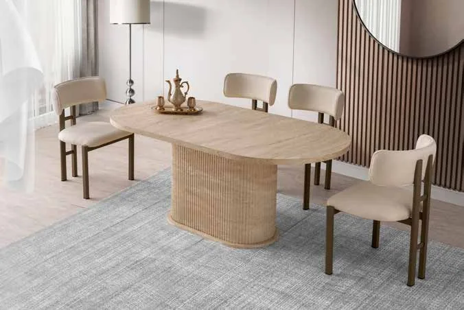 Bohem Sabit Masa 90x180 Traverten MDF – T Sandalyeli Takım