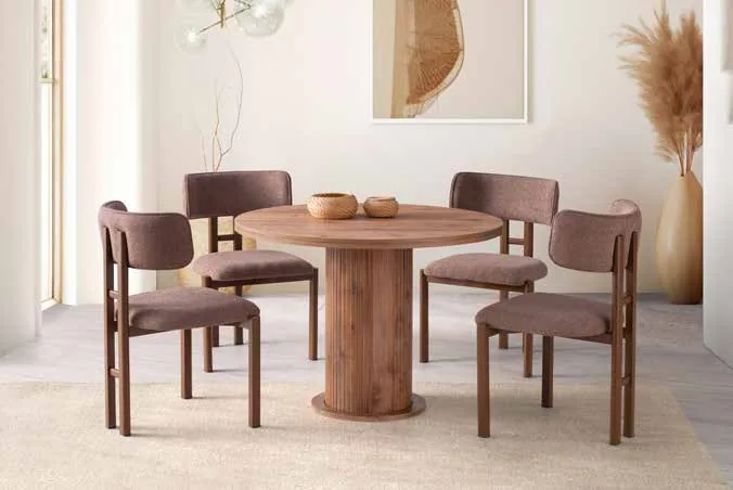 Bohem Yuvarlak Masa Ø104 Antik Çam MDF – T Sandalyeli Takım