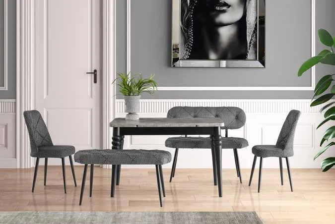 Capitone Bench Takımı Gri kazayağı – Yakamoz Açılır Masa Retro Gümüş