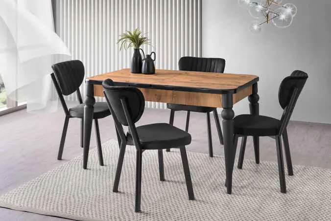 Kaşıklıklı Kelebek Açılır Masa 80x135 Antik Çam MDF – Elma Sandalyeli Takım