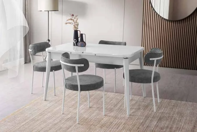 Kaşıklıklı Kelebek Açılır Masa 80x135 Beyaz Highgloss – Vera Sandalyeli Takım