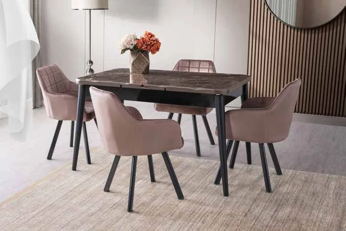 Kaşıklıklı Kelebek Açılır Masa 80x135 Kuvars Highgloss – Lincolin Sandalyeli Takım