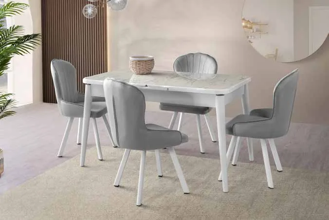 Kaşıklıklı Kelebek Açılır Masa 80x135 Marmo Highgloss – Bakü Sandalyeli Takım