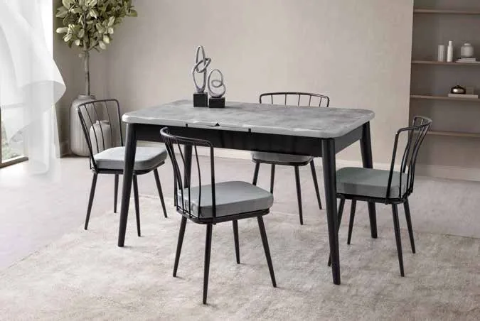 Kaşıklıklı Kelebek Açılır Masa 80x135 Retro Gümüş MDF – Ay Sandalyeli Takım