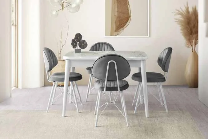 Kelebek Açılır Masa 80x130 Marmo Highgloss – Ahtapot Sandalyeli Takım