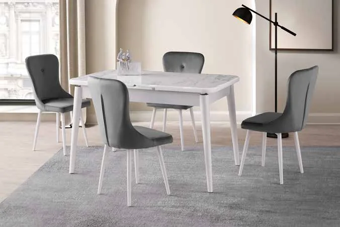 Kelebek Açılır Masa 80x130 Marmo Highgloss – Leon Sandalyeli Takım