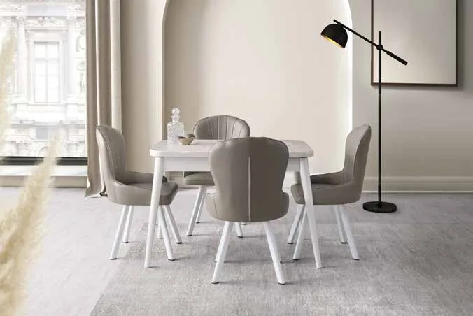 Kelebek Açılır Masa 80x130 Traverten MDF – Bakü Sandalyeli Takım