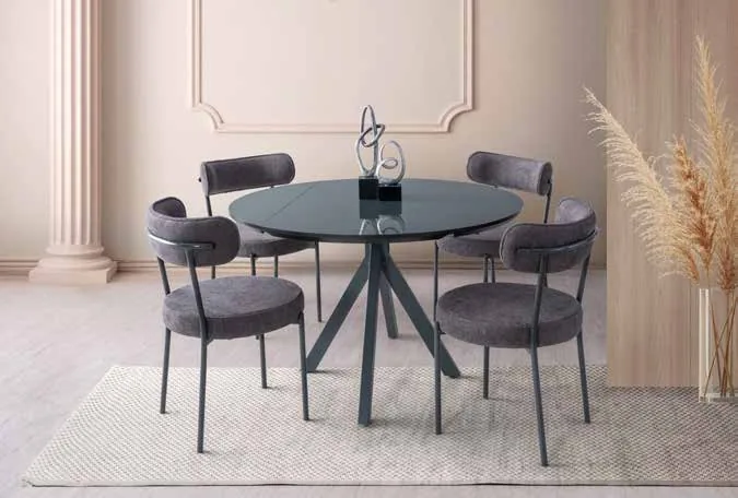 Nova Yandan Açılır Masa 70x120 Karbon Gri Highgloss – Vera Sandalyeli Takım