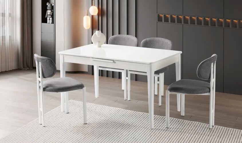 Paris Açılır Masa 80x130 Beyaz Highgloss – Milano Sandalyeli Takım
