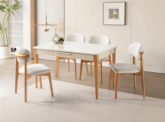 Paris Açılır Masa 80x130 Ekru Highgloss – Liza Sandalyeli Takım