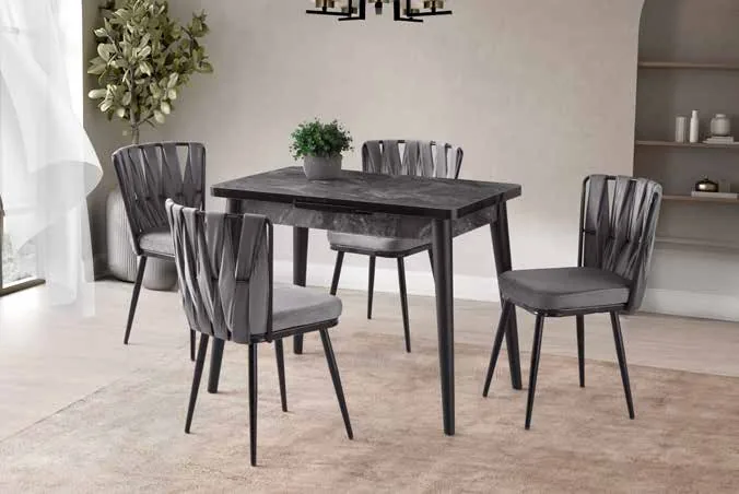 Polo Açılır Masa 60x100 Siyah Mermer Suntalam – Örgülü Ay Sandalyeli Takım