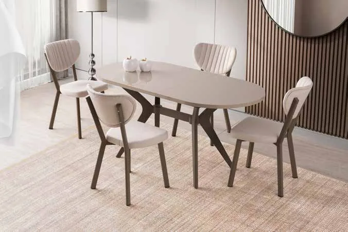 Star Açılır Masa 82x138 Cappucino Highgloss – Elma Sandalyeli Takım