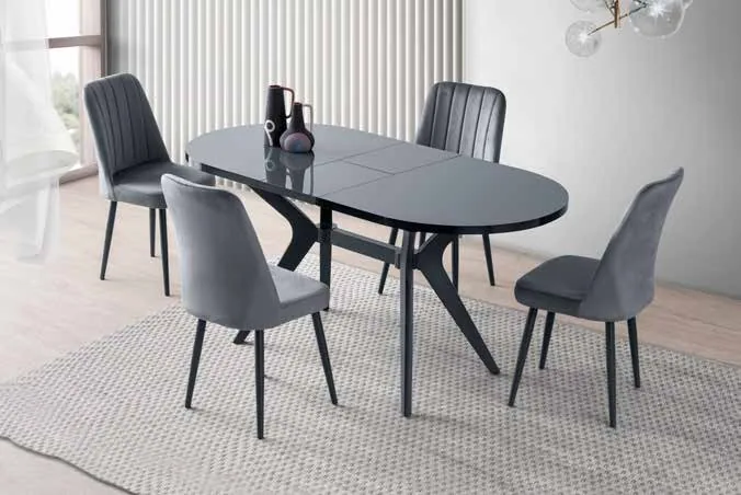 Star Açılır Masa 82x138 Karbon Gri Highgloss – Nil Sandalyeli Takım