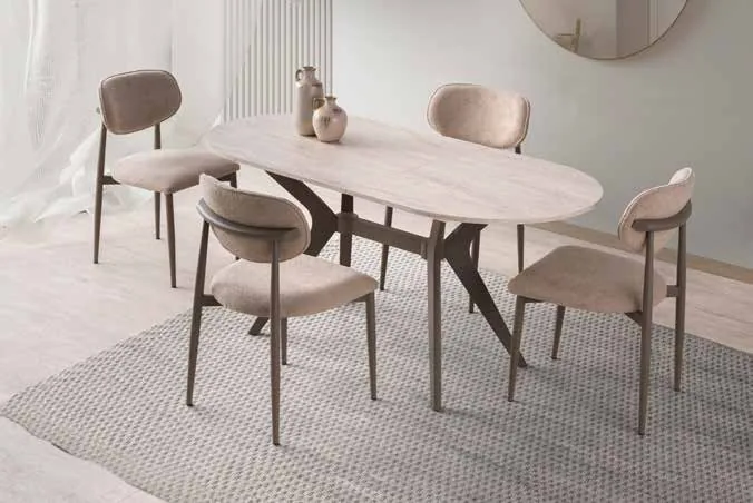 Star Açılır Masa 82x138 Traverten MDF – Liza Sandalyeli Takım