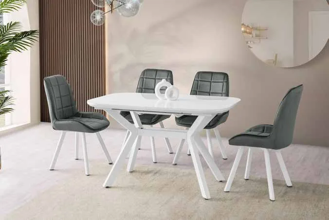 Valentino Açılır Masa 80x130 Beyaz Highgloss – Riva Sandalyeli Takım
