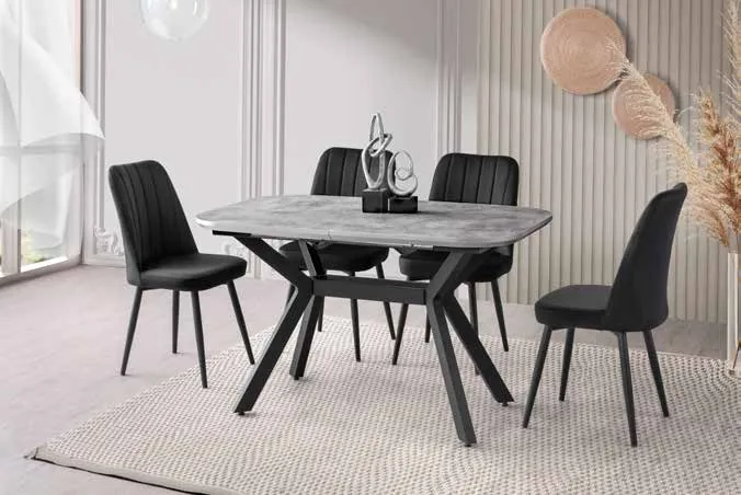 Valentino Açılır Masa 80x130 Retro Gümüş MDF – Nil Sandalyeli Takım