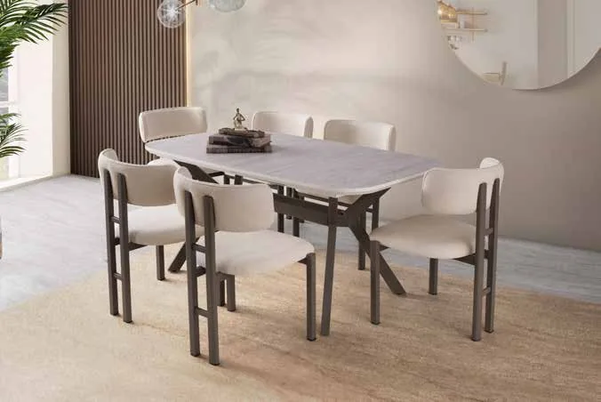 Valentino Açılır Masa 90x160 Traverten MDF – T Sandalyeli Takım