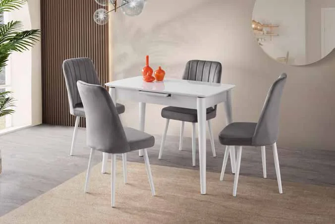 Venüs Açılır Masa 60x100 Beyaz Highgloss – Nil Sandalyeli Takım