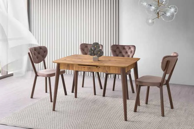 Venüs Açılır Masa 80x120 Antik Çam MDF – Elma Sandalyeli Takım