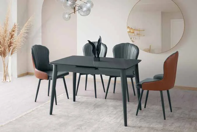 Venüs Açılır Masa 80x120 Karbon Gri Highgloss – Bakü Sandalyeli Takım