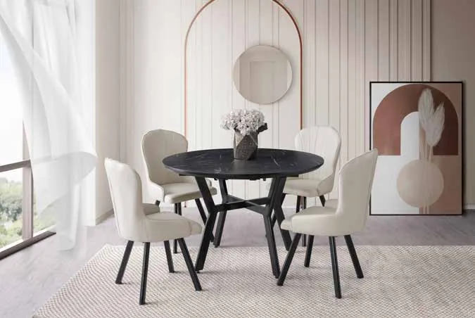 Yonca Açılır Masa Royal Mermer Highgloss – Bakü Sandalyeli Takım